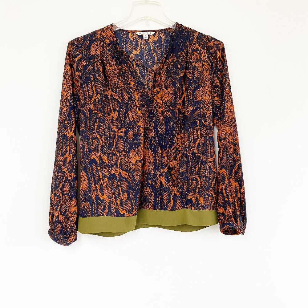 CAbi Border Wrap Orange Green Snakeskin Blouse M